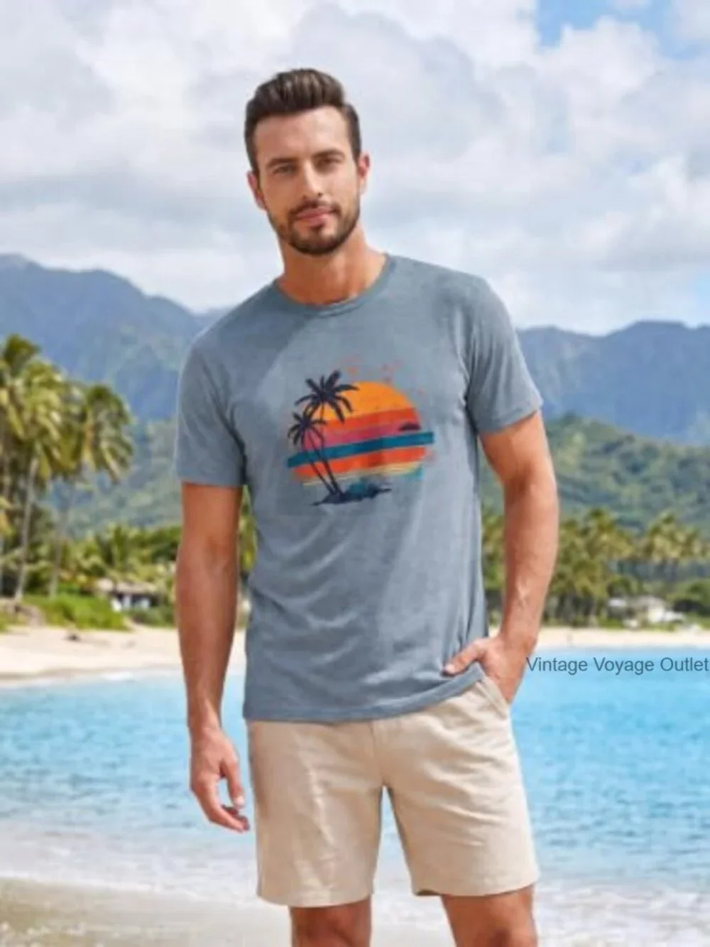 Men's Graphic Palm Tree Print Short Sleeve Hawaiian T-Shirt